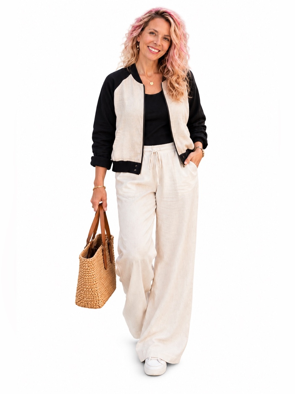 Just Living Linen Blend Bomber Jacket Coastal Quiet Luxury Black White L